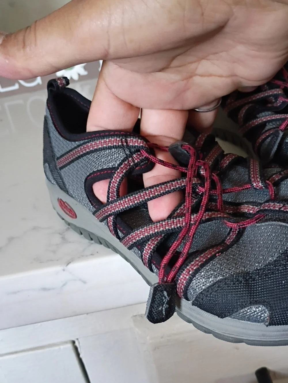 Chaco Kids Gray and Black Water Shoes with Red Laces